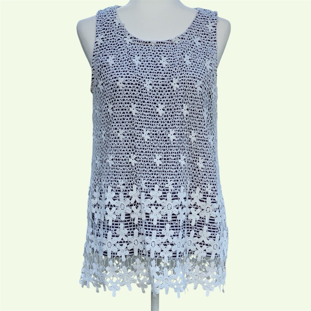 Tribal Navy and White Striped Tank with Crocheted White Floral Overlay ~ Large